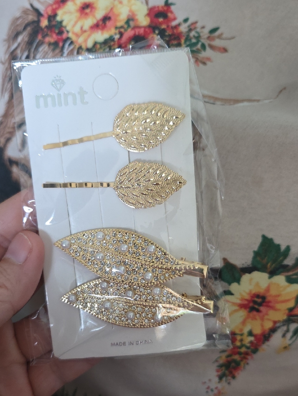 mint Gold Leaf Hair Clip Set with Pearls & Rhinestones